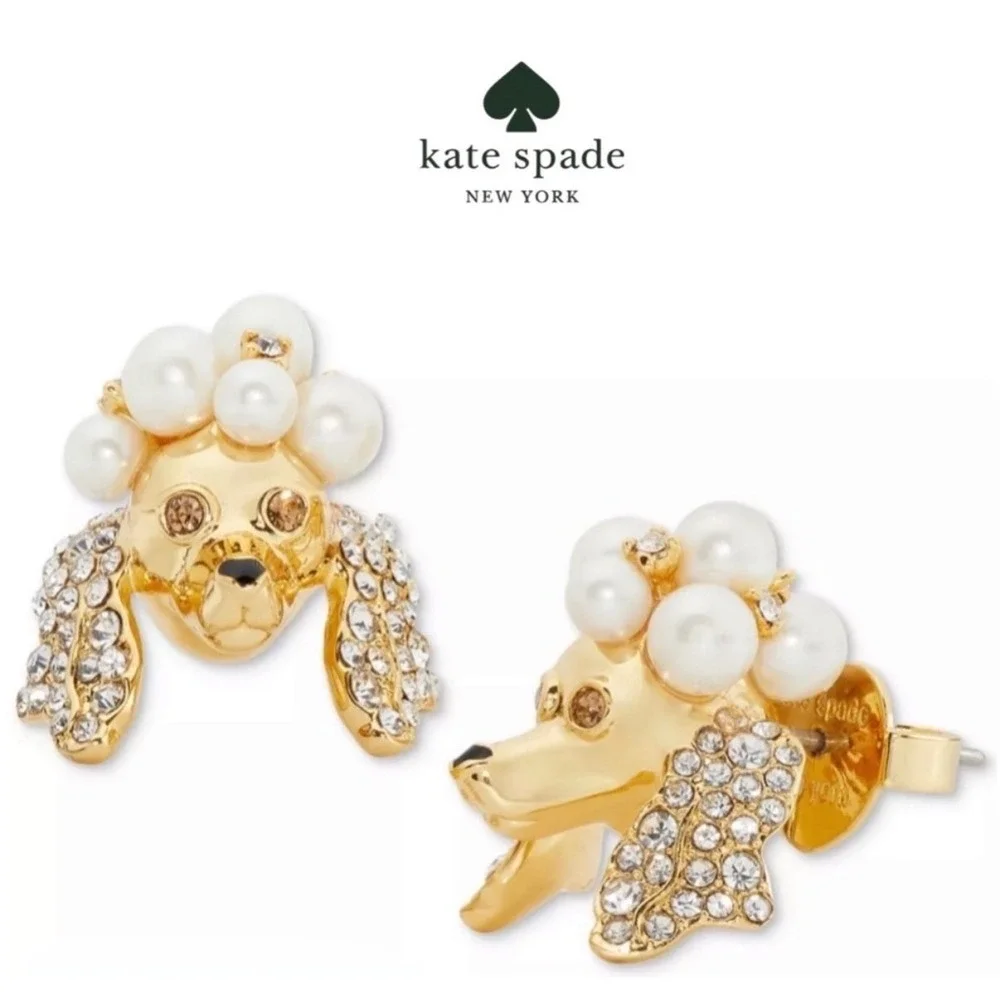Kate Spade Poodles & Poms Earrings Womens OS Gold Cream Excellent Pearl Crystal